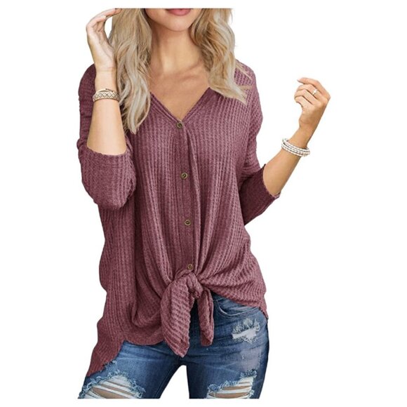 IWOLLENCE Rust Red Waffle Knit Blouse Tie Knot Henley Medium - Picture 1 of 5
